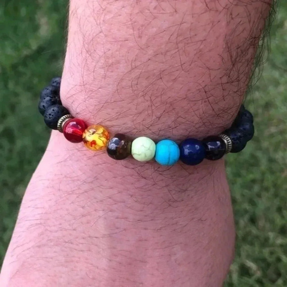 Stretch Meditation Bracelet Lava Stones Stones Rainbow Unisex NWT - Picture 3 of 5
